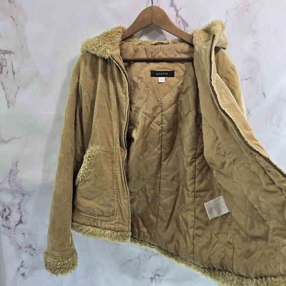 Vtg Y2K Jacket Women Large Tan Sherpa Teddy Fuzzy Corduroy Coat Mob Mudd 90s - Picture 10 of 14